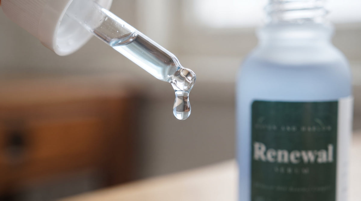 Haven and Harlow Renewal Serum dropper bottle with a drop of serum
