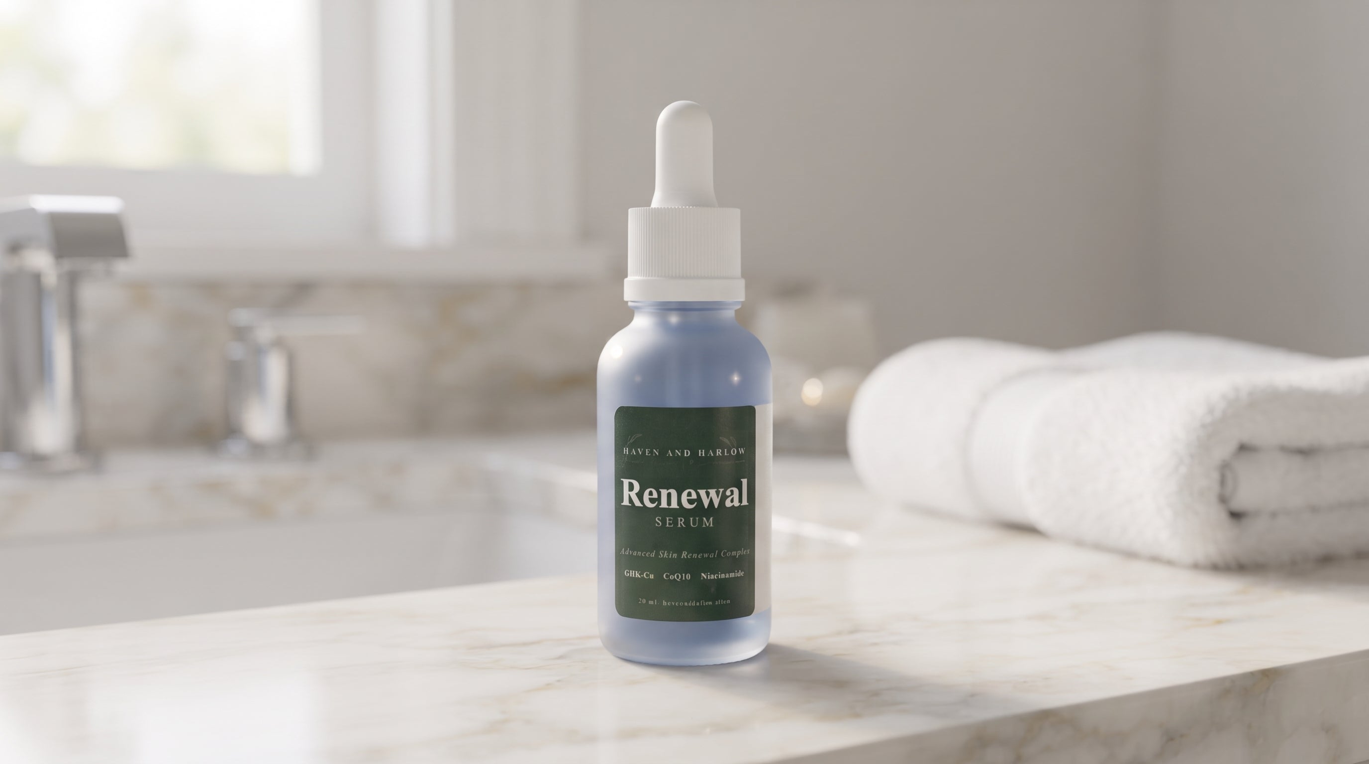 Haven and Harlow Renewal Serum bottle on a bathroom counter