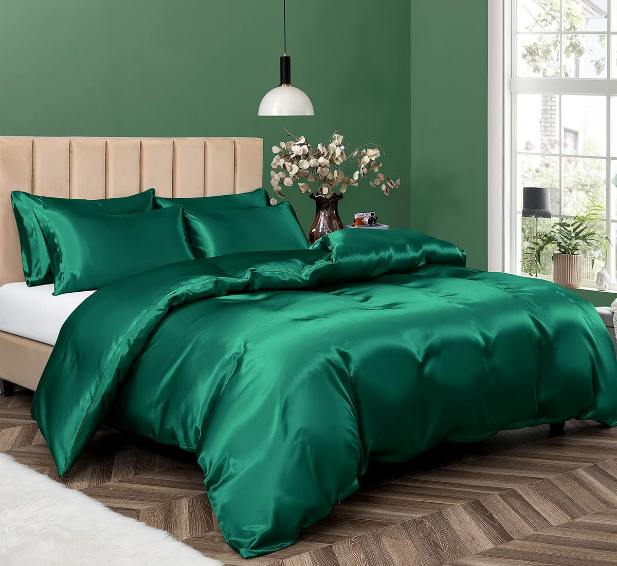 Satin Quilt Cover Set, Double — Green (3 Piece)