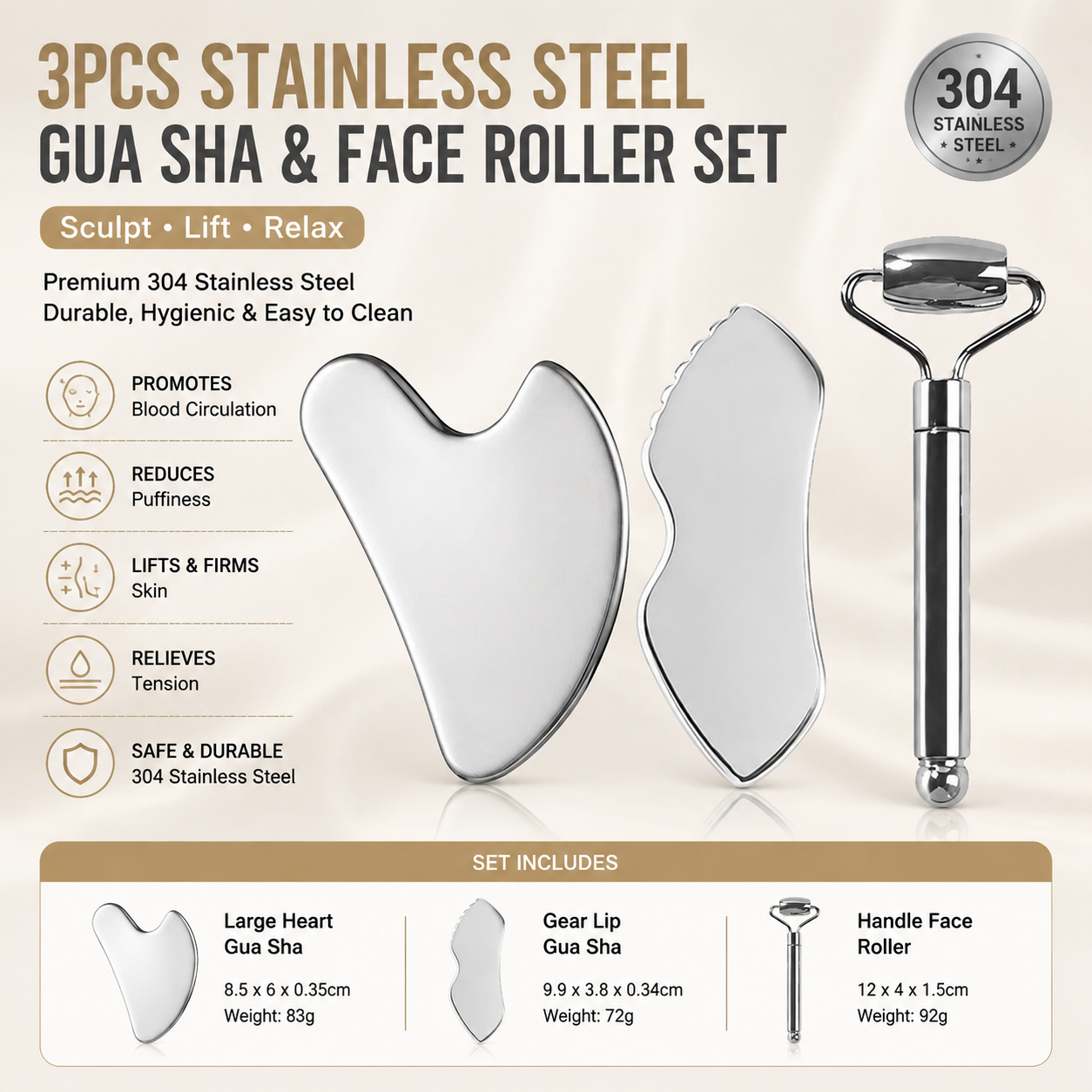 Stainless Steel Gua Sha & Roller Set (3-Piece) — Sculpt, Lift, Relax