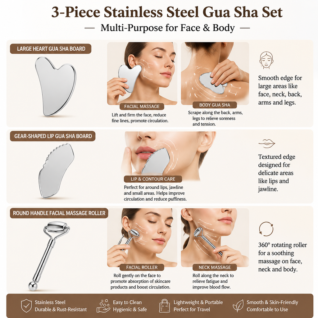 Stainless Steel Gua Sha & Roller Set (3-Piece) — Sculpt, Lift, Relax