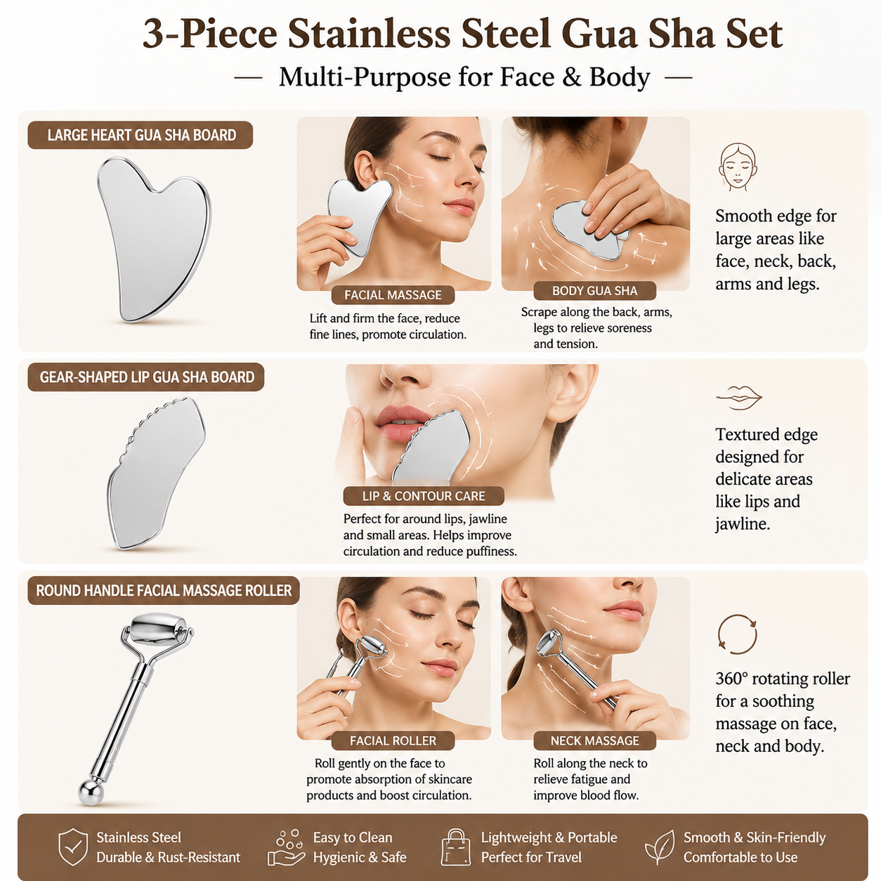 Stainless Steel Gua Sha & Roller Set (3-Piece) — Sculpt, Lift, Relax
